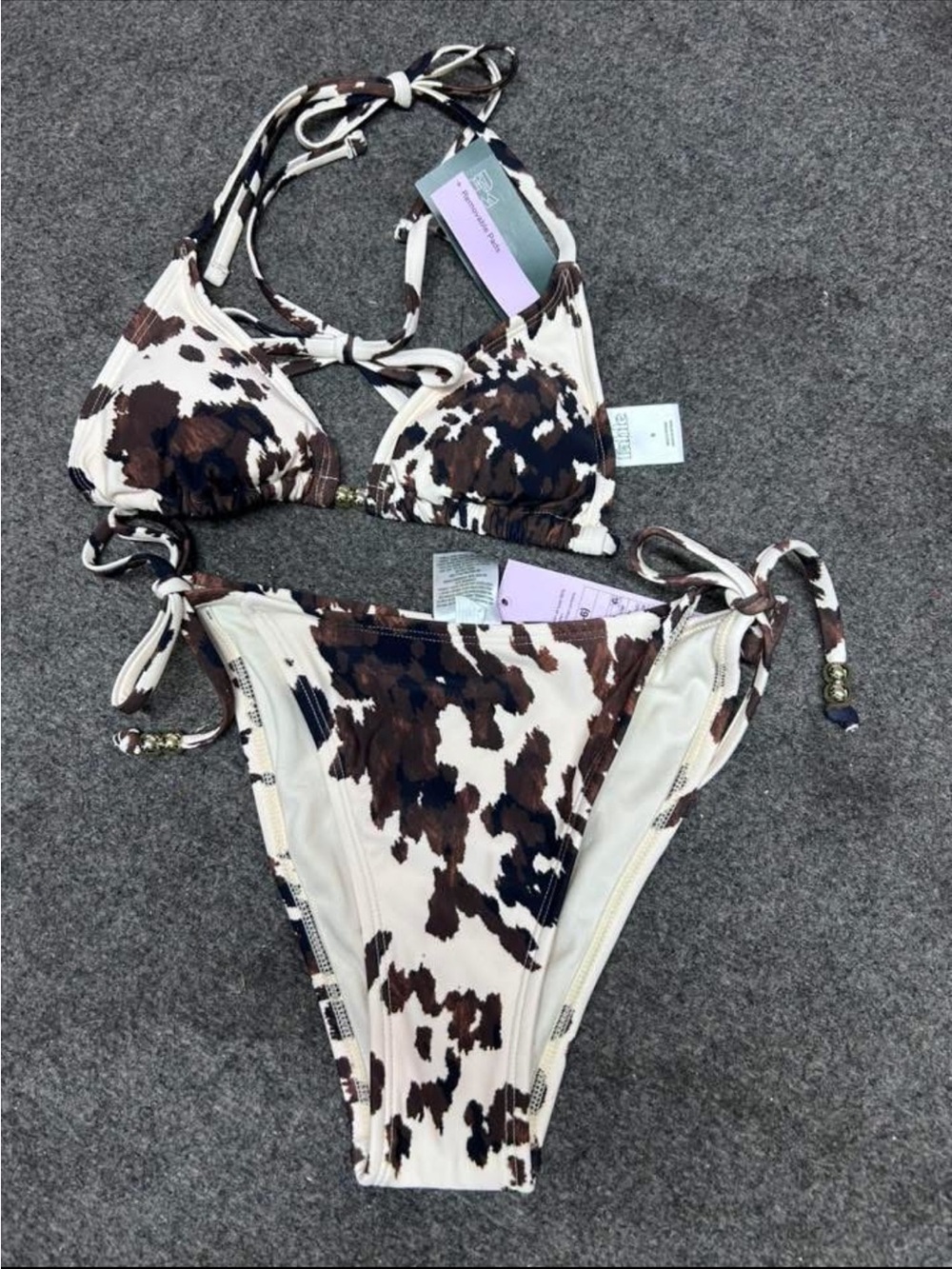 Cow Print Tie-Side Bikini Set in Cream, Brown & Black